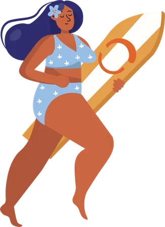 Woman in swimsuit and holding surfboard  Illustration