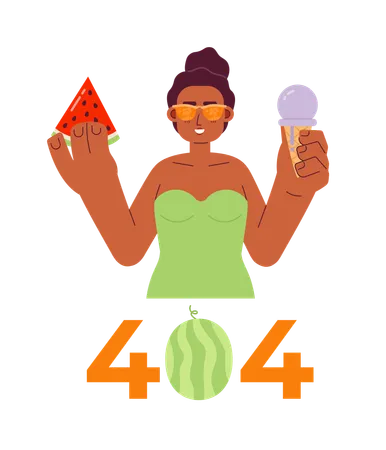 Eating Ice Cream Watermelon On Beach Error 404 Flash Message Black Woman In Swimsuit Empty State Ui Design Page Not Found Popup Cartoon Image Vector Flat Illustration Concept On White Background Illustration