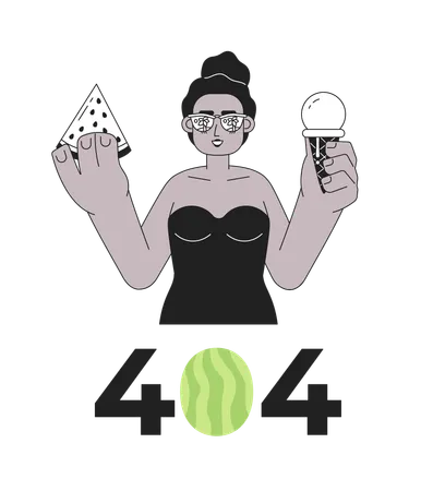 Eating Ice Cream Watermelon On Beach Black White Error 404 Flash Message Summertime Monochrome Empty State Ui Design Page Not Found Popup Cartoon Image Vector Flat Outline Illustration Concept Illustration