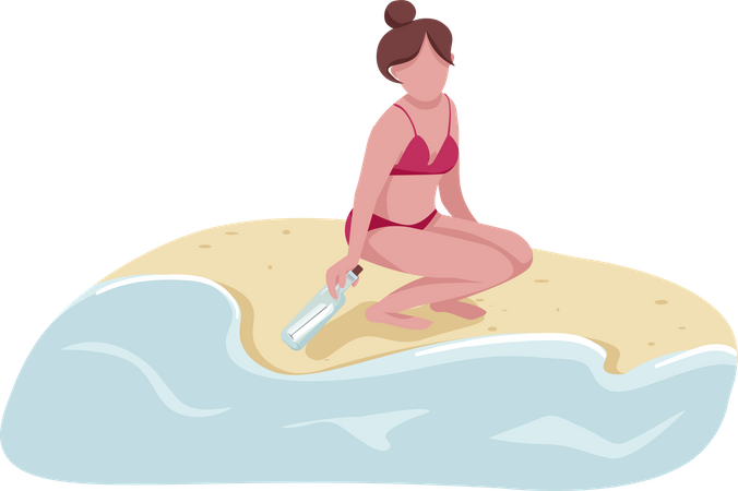 Woman in swimsuit picking message in bottle  Illustration