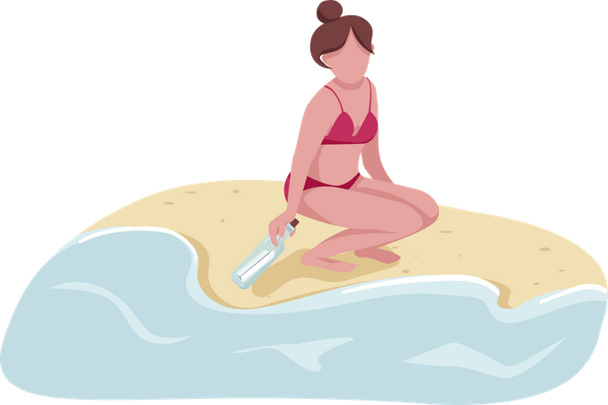 Woman in swimsuit picking message in bottle Illustration