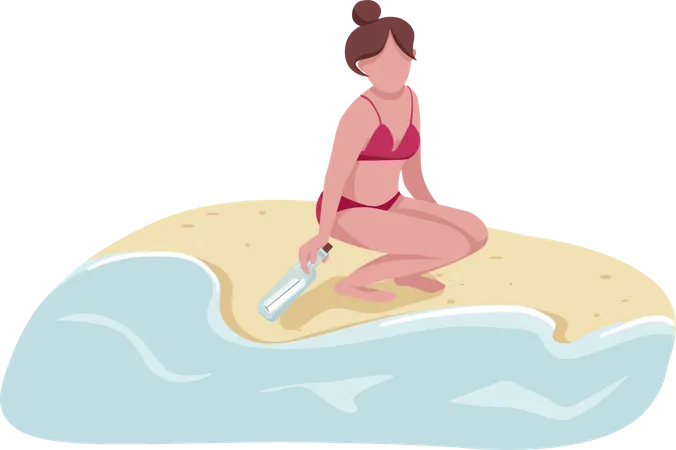 Woman in swimsuit picking message in bottle  Illustration