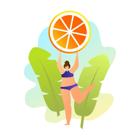 Woman in swimsuit posing with orange over green leaves background  Illustration