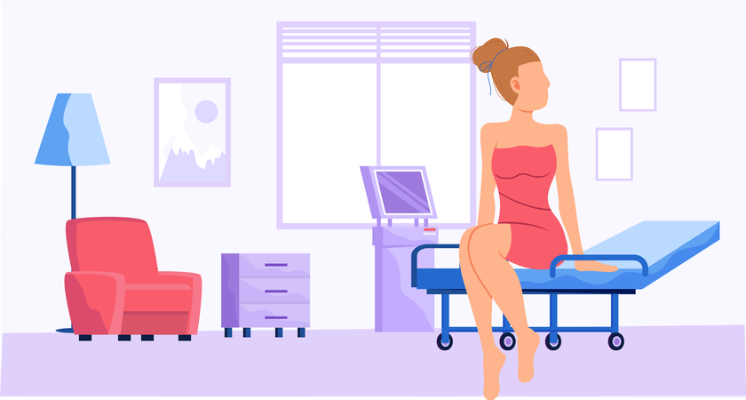 Woman in swimsuit sitting on bed in hospital room  Illustration