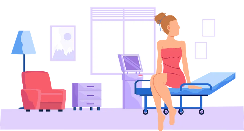 Woman in swimsuit sitting on bed in hospital room Illustration