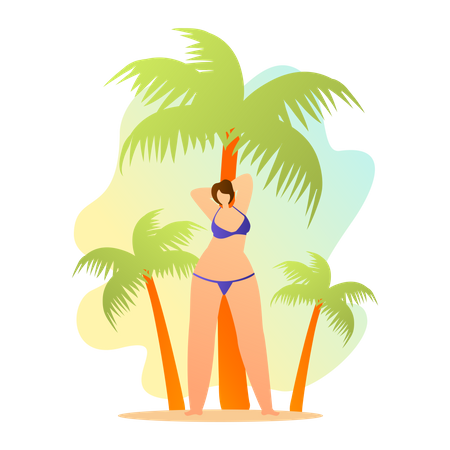 Woman in swimsuits dancing and posing on beach near palm trees Illustration