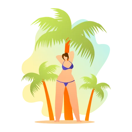 Woman in swimsuits dancing and posing on beach near palm trees Illustration