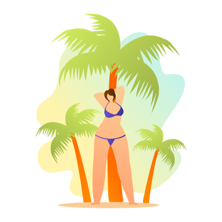 Woman in swimsuits dancing and posing on beach near palm trees  Illustration