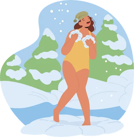 Woman In Swimwear Standing In Snowy Winter Landscape  Illustration