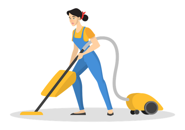 Woman in the uniform cleaning floor using vacuum cleaner Illustration