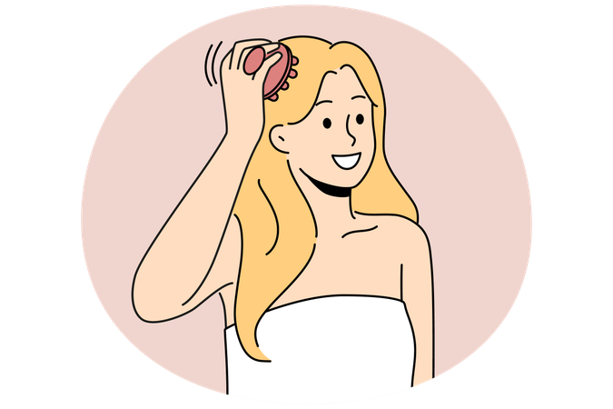 Woman in towel massage head with scalp brush  Illustration