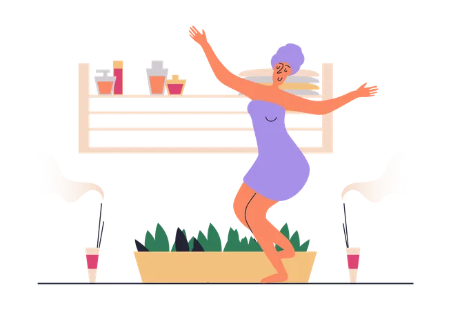 Woman In Towels Relaxing And Enjoying Aromatherapy Procedure And Body Skin Care Pampering  Illustration