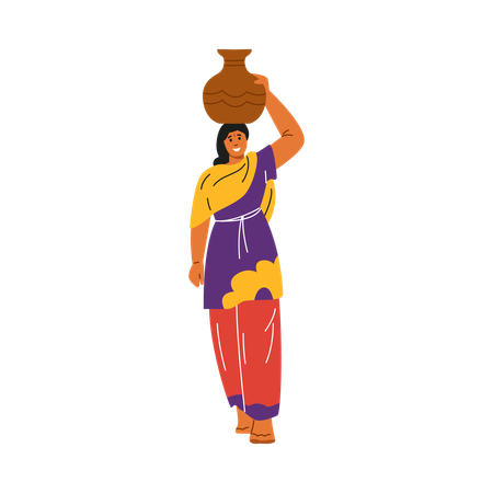 Woman in traditional sari and trousers holding clay pot on her head  Illustration