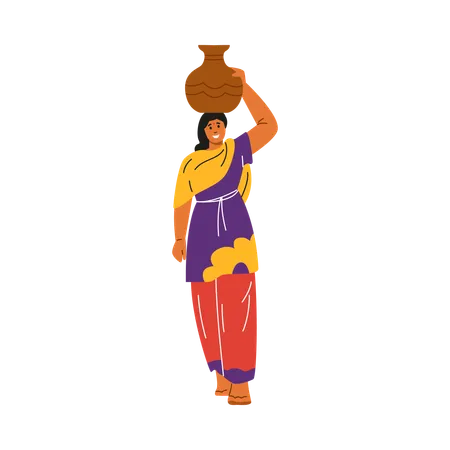 Woman in traditional sari and trousers holding clay pot on her head  Illustration