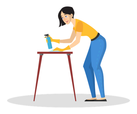 Woman in uniform cleaning table using cleaning spray Illustration