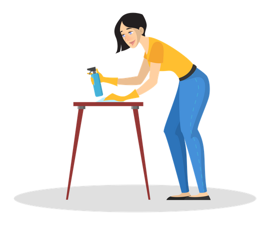 Woman in uniform cleaning table using cleaning spray  Illustration