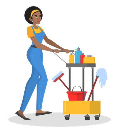 Woman in uniform pushing cleaning trolley  Illustration