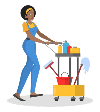 Woman in uniform pushing cleaning trolley  Illustration