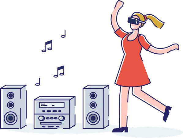 Woman In Virtual Reality Glasses Dancing Happy Girl Wearing Digital Vr Headset Has Dance Simulation Augmented Reality Modern Technology And Cyberspace Concept Cartoon Linear Vector Illustration Illustration
