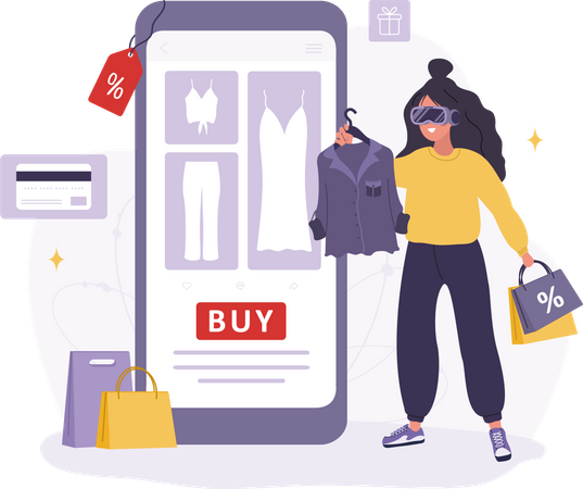 Woman in VR glasses choosing goods in web application Illustration