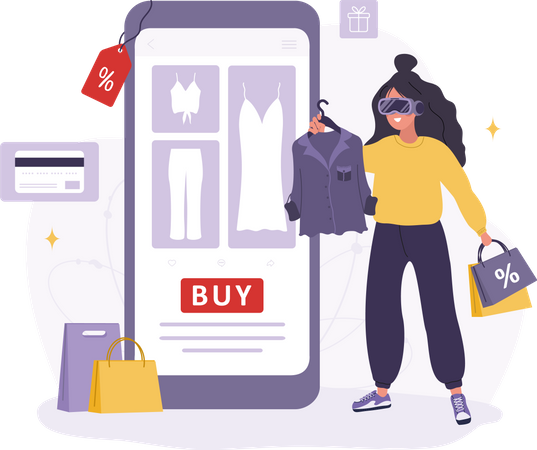 Woman in VR glasses choosing goods in web application  Illustration