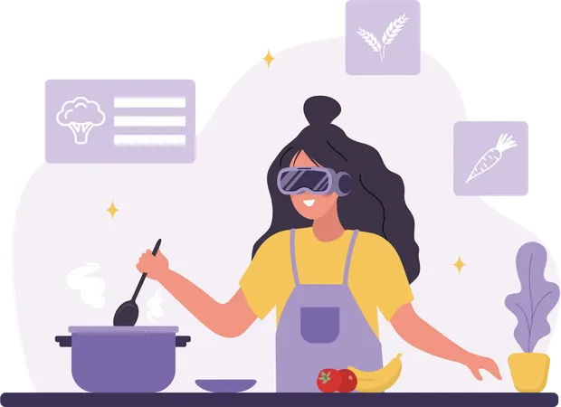 Woman in VR glasses cooking in metaverse Illustration