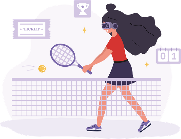 Woman in VR glasses playing tennis with racquet  Illustration