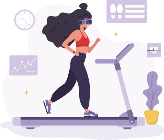Woman in VR glasses running on treadmill Illustration