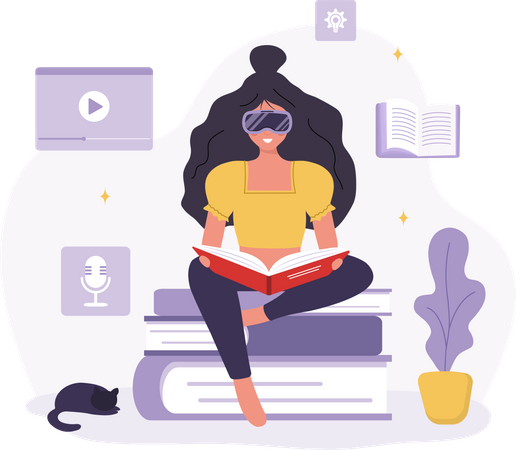 Woman in VR glasses sitting and reading books Illustration