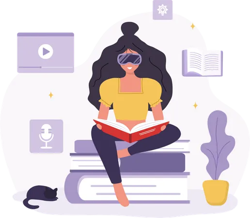 Woman in VR glasses sitting and reading books Illustration