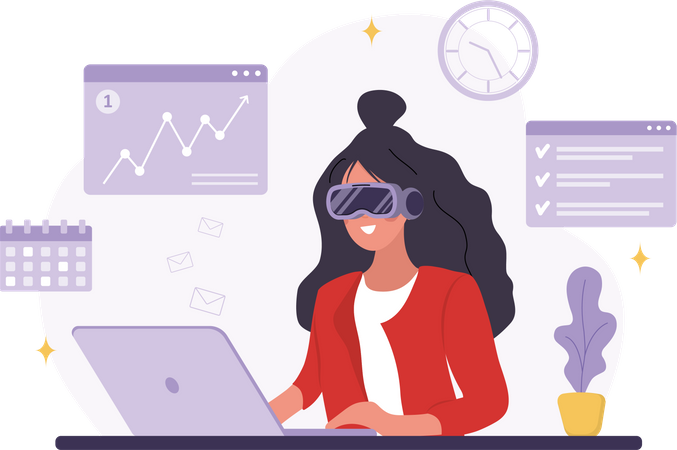 Woman in VR glasses sitting at office Illustration