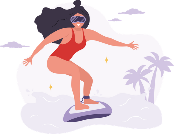 Woman in VR glasses surfing on waves in metaverse Illustration