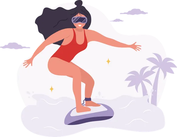 Woman in VR glasses surfing on waves in metaverse Illustration