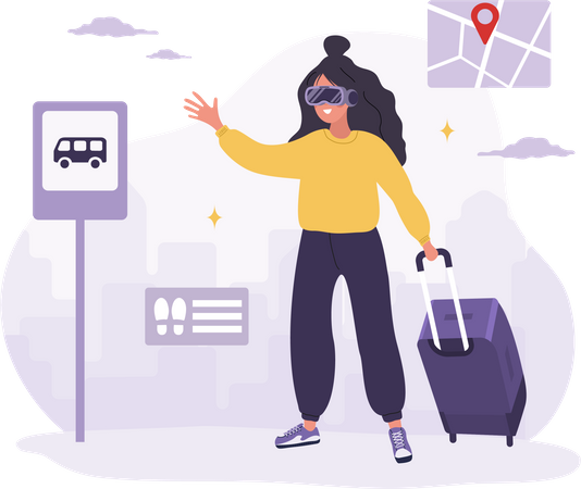 Woman in VR glasses traveling around the world in metaverse  Illustration