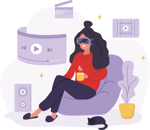 Woman in VR glasses watching TV Illustration
