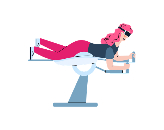 Woman in VR headset lying in flight simulator  Illustration