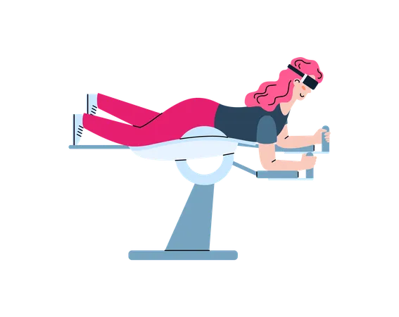 Woman in VR headset lying in flight simulator  Illustration