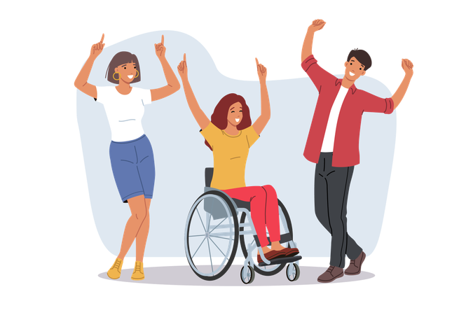 Woman in wheelchair dances with friends  Illustration