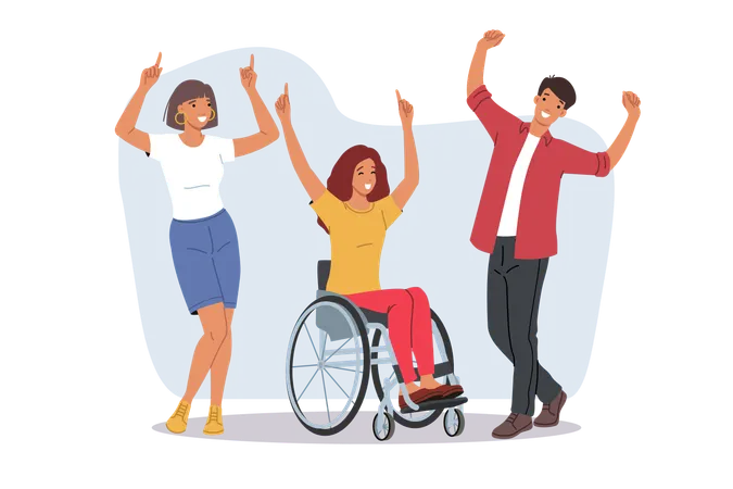 Woman in wheelchair dances with friends  Illustration
