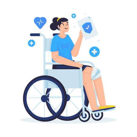 Woman in wheelchair holds  health insurance claim document  Illustration