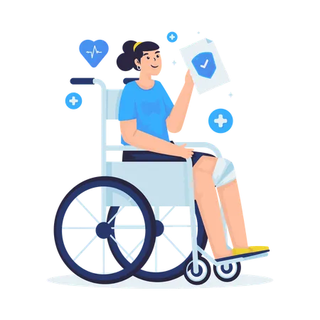 Woman in wheelchair holds  health insurance claim document  Illustration