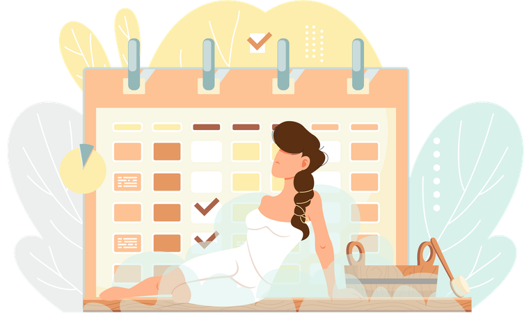 Woman in white dress taking steam bath and using accessories  Illustration