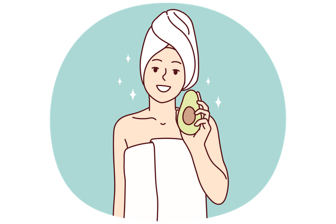 Woman in white towel after getting out SPA recommends using avocado for cosmetic masks  Illustration
