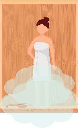 Woman in white towel rests on wooden bench at hot steam sauna  Illustration