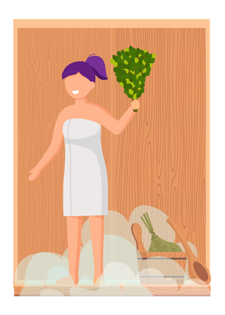 Woman in white towel rests on wooden bench at hot steam sauna  Illustration