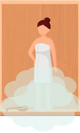 Woman in white towel rests on wooden bench at hot steam sauna  Illustration