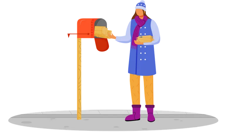 Woman in winter clothes receives post Illustration