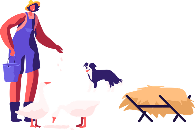 Woman in Working Robe Feeding Geese and Dog Stand nearby  Illustration