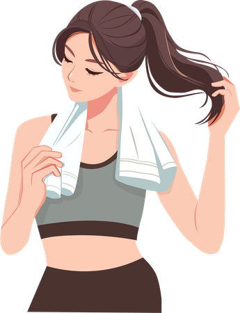 Woman in workout clothes and  towel around her neck  wiping away sweat after  workout  Illustration