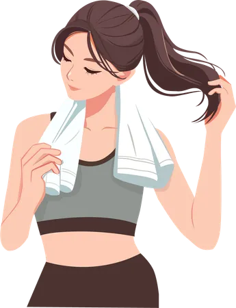 Woman in workout clothes and  towel around her neck  wiping away sweat after  workout  Illustration